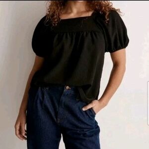 Madewell Black Seersucker Short Puffed Sleeve Top Blouse Small